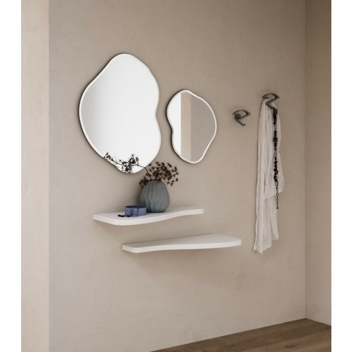  Entrance composition with 2 shaped mirrors, 2 white melamine shelves and 2 metal coat hangers