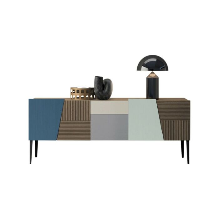 devina nais ZERO.16 PORTA TV L200 Living & More Solid wood TV stand sideboard with 5 hinged doors 1 drawer - iron feet | wooden plinth