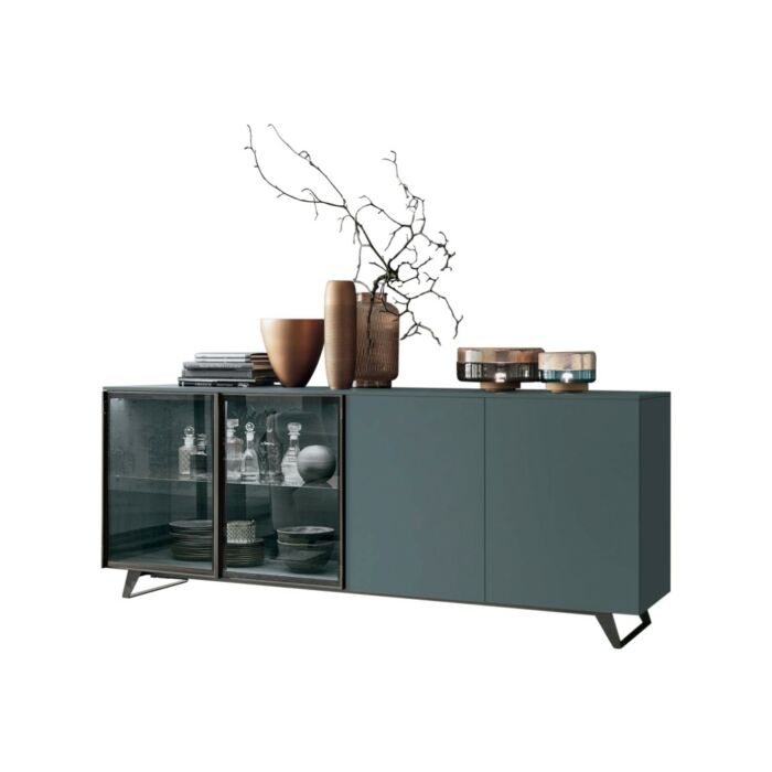 tomasella METROPOLIS A02 Sideboard with 2 doors in transparent glass | smoked glass with anthracite frame, 2 doors in textured | lacquered | wood and base in matt lacquered metal
