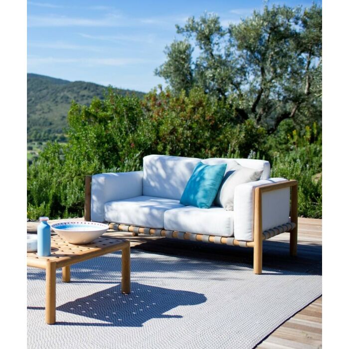 unopiù PEVERO 2 seater sofa in teak wood with cushions in removable cloud fabric