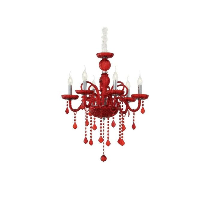 ideal lux 027418 GIUDECCA SP6 Lampadario in vetro soffiato rosso e metallo cromato con pendagli in cristallo molato e copricatena in velluto