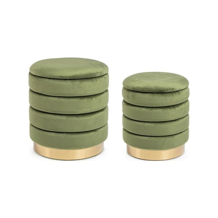 bizzotto 0720592 Darina Set di 2 pouf contenitori - struttura in mdf / compensato con seduta in velluto verde oliva e base in acciaio verniciato oro