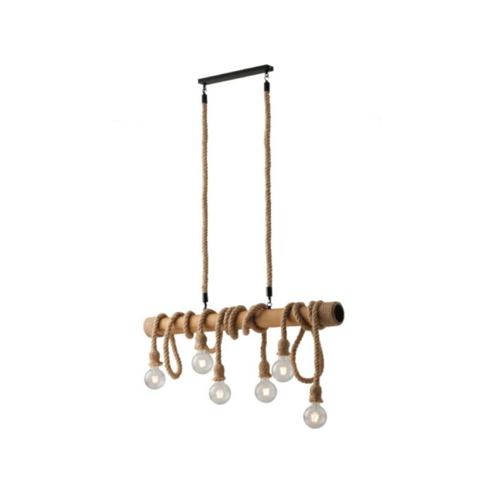 luce ambiente design I-ROPE-S6 Rope Lustre avec tronc en bois avec six points lumineux et câbles recouverts de corde