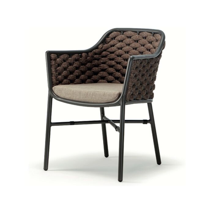 grattoni PANAMA Stackable armchair with anthracite aluminum frame covered in brown textilene and rubber and brown removable cushion