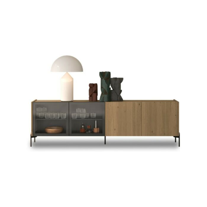 devina nais ZERO.22 L240 Living & More Holz-Sideboard mit 4 Holz-Flügeltüren | Rauchglas und Eisenfüße