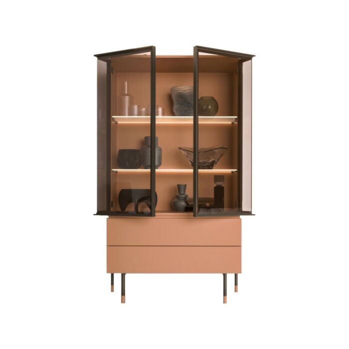 orme PIEGA 02 Sideboard with 2 transparent glass doors | smoked | bronzed and 1 drawer | 2 melamine drawers | lacquered with feet or with metal base | plexiglass