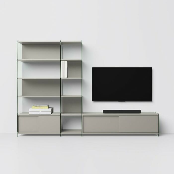pezzani BYBLOS 0/70.COMP-33 Mur équipé composé d'une bibliothèque et d'un meuble TV - côtés en verre et étagères en stratifié