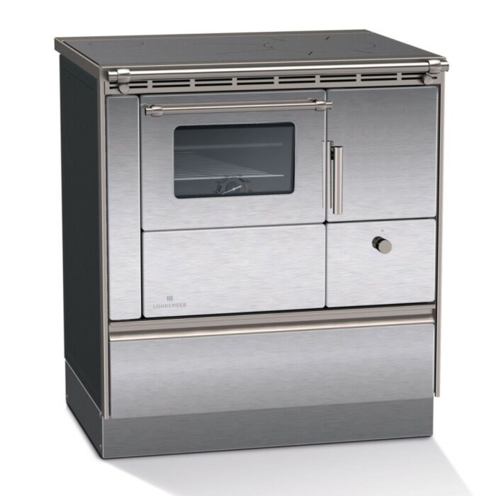 lohberger REGA 75 6,0 kW natürlicher Konvektions-Heißluft-Holzofen mit Backofen – Edelstahl/schwarz