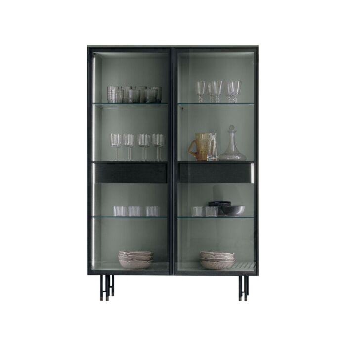 tomasella METROPOLIS D01 2 door display cabinet, transparent glass | smoked glass with anthracite frame and textured structure | lacquered - metal base