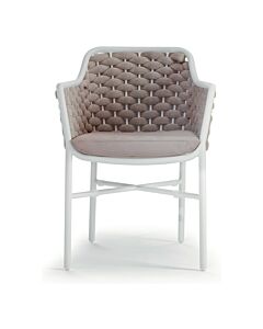 grattoni PANAMA Fauteuil empilable avec structure en aluminium blanc recouvert de textilène beige et de caoutchouc et coussin champagne amovible