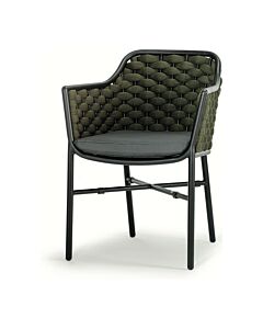 grattoni PANAMA Fauteuil empilable avec structure en aluminium noir recouvert de textilène vert foncé et de caoutchouc et coussin noir amovible