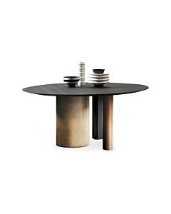 devina nais MANHATTAN SLICE PILLAR 3 Tavolo rotondo fisso Ø 160 cm - piano in rovere massello con profilo diamantato e basamento multimateriale in ferro, pelle e legno