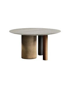 devina nais MANHATTAN RING PILLAR 3 Tavolo rotondo fisso Ø 140 cm - piano in rovere massello con profilo diamantato e basamento multimateriale in ferro, pelle e legno